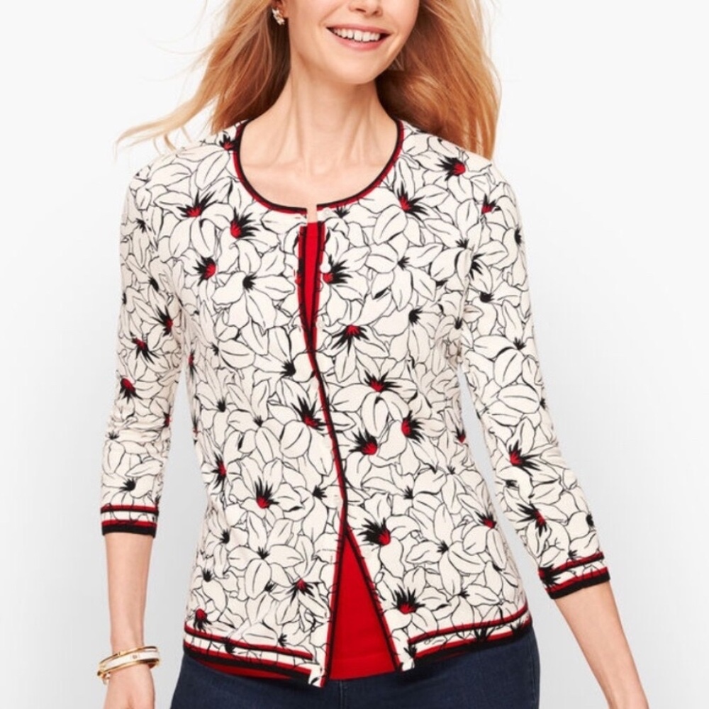Talbots Floral Button Front Cardigan Sweater Black White‎ Red Size M